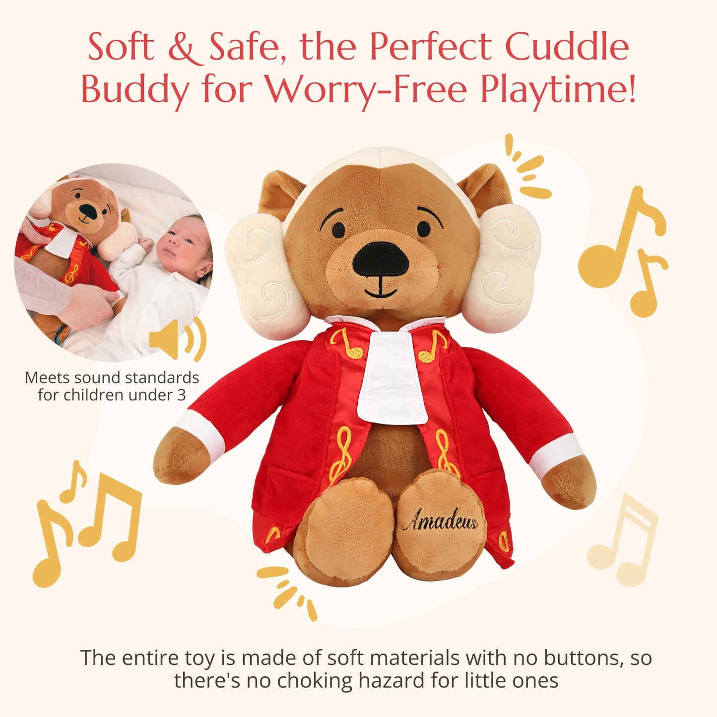 Vosego Amadeus Mozart Plush Bear – Plays 40 Mins of Classical Music, Educational & Soothing Interactive Teddy Bear for Babies & Toddlers, Perfect