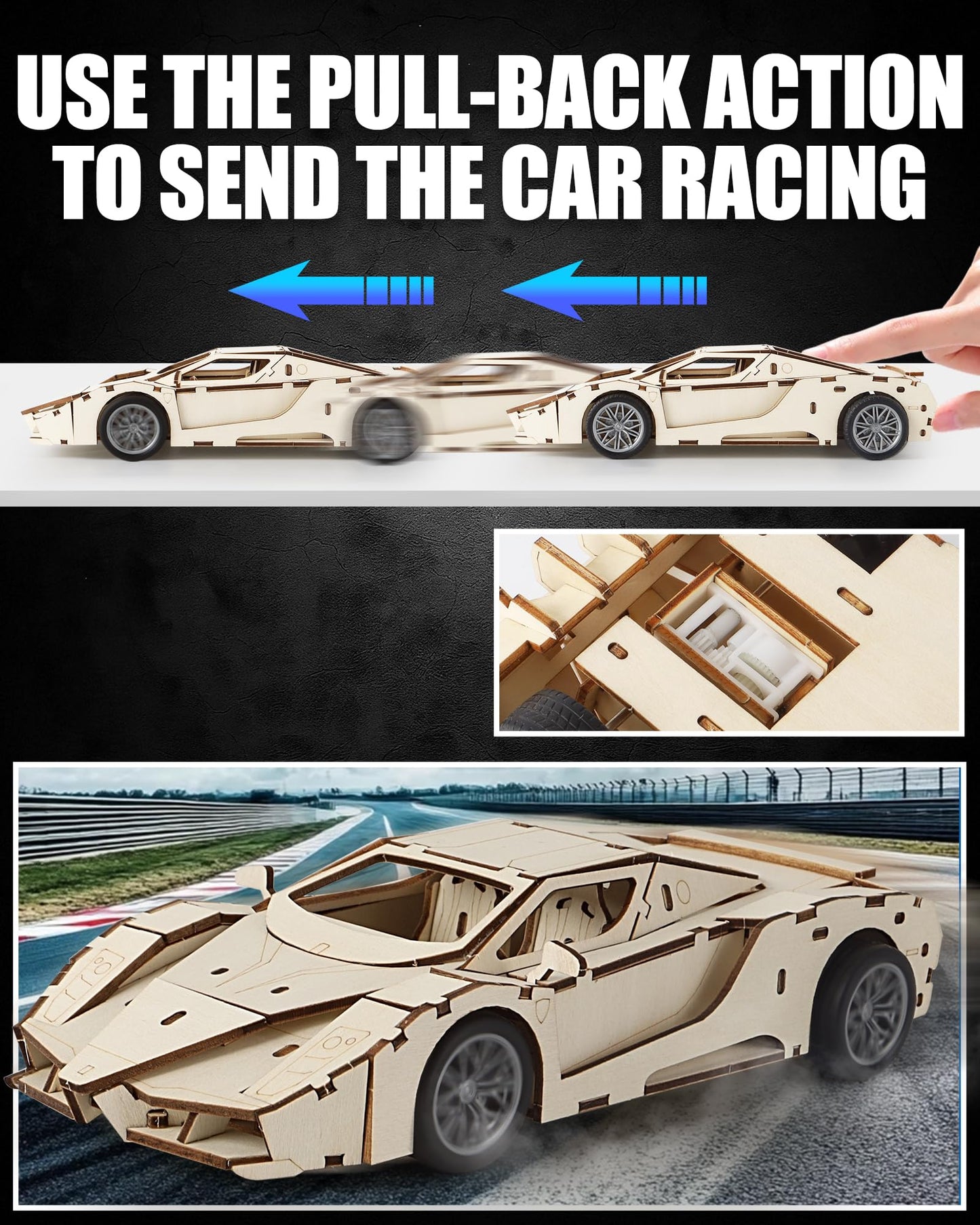 MOCBURIKU 3D Wooden Puzzles Model Car Kits to Build for Adults, Beginner-Friendly Pull Back Sport Car Building Toys, Wood Craft Gift for Boys and Men on Birthday Christmas