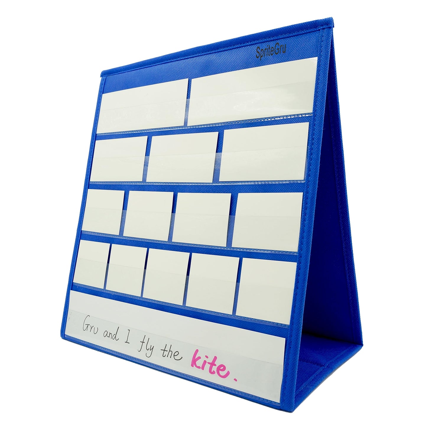 Blue Tabletop Desktop Pocket Chart with Bonus 20X Dry Erase Cards. Double Sided and Self-Standing (13” X 12”)