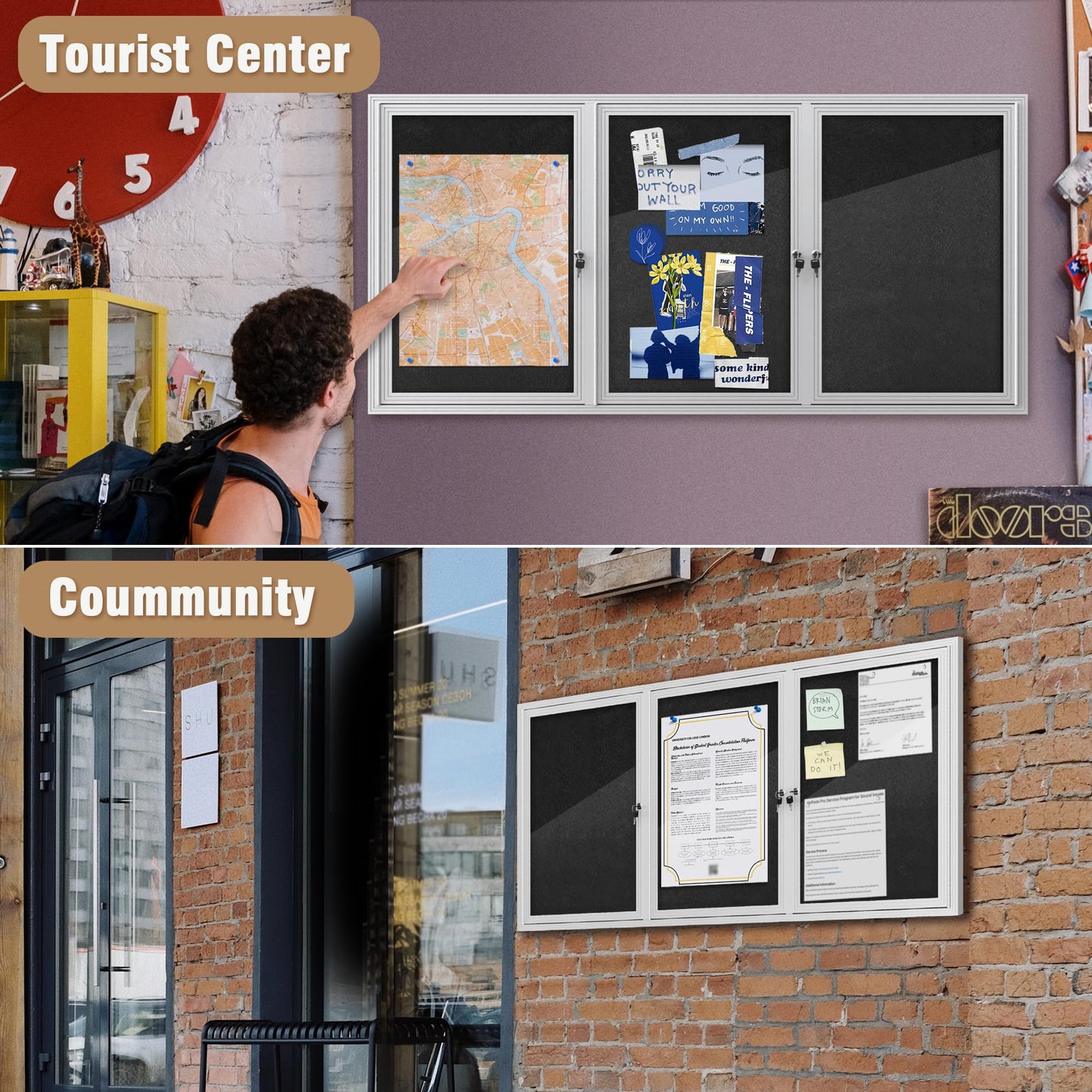 Mifuro 70"x34" Enclosed Bulletin Board, Outdoor Lockable Weather-Resistant Aluminum Cork Noticeboard for School & Office, Silver Frame w/Black Flet