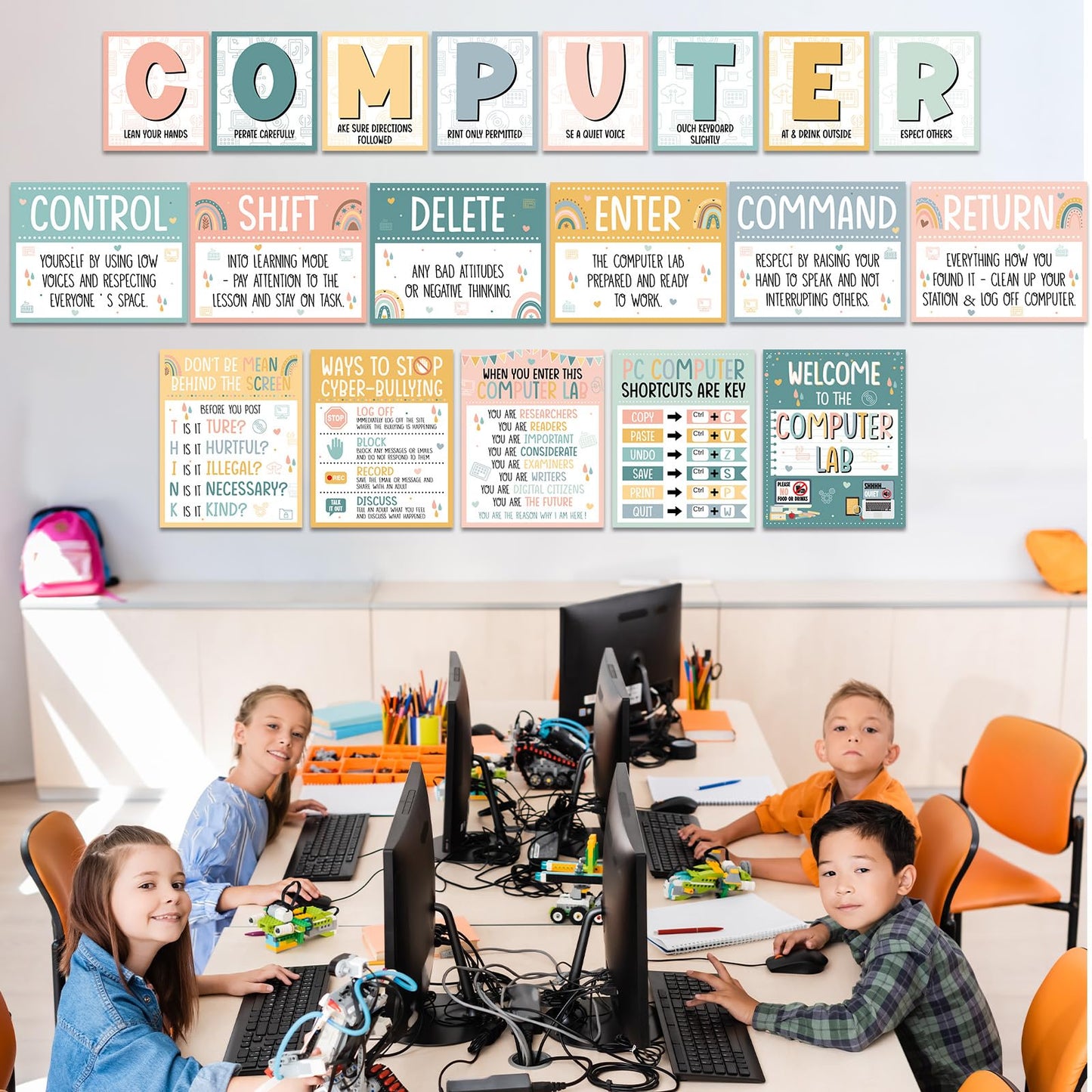 Computer Lab Poster Computer Science Posters Boho Classroom Rules Decorations Inspirational Technology Digital Keyboard Shortcuts Education Chart PC Decor Wall Art Back to School Teacher Supplies
