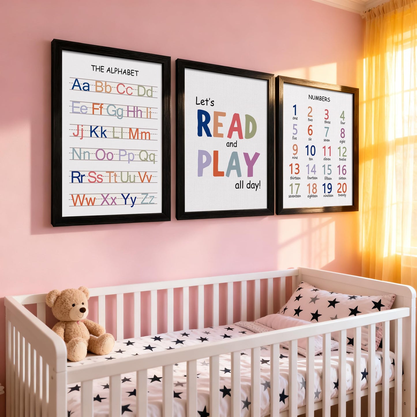 Cute Alphabet Numbers Framed Wall Art Set of 3, Educational ABC Poster Wooden Sign for Baby Girl Kid Boy Toddlers, Neutral Boho Preschool English Letters Nursery Decor for Homeschool Playroom Daycare