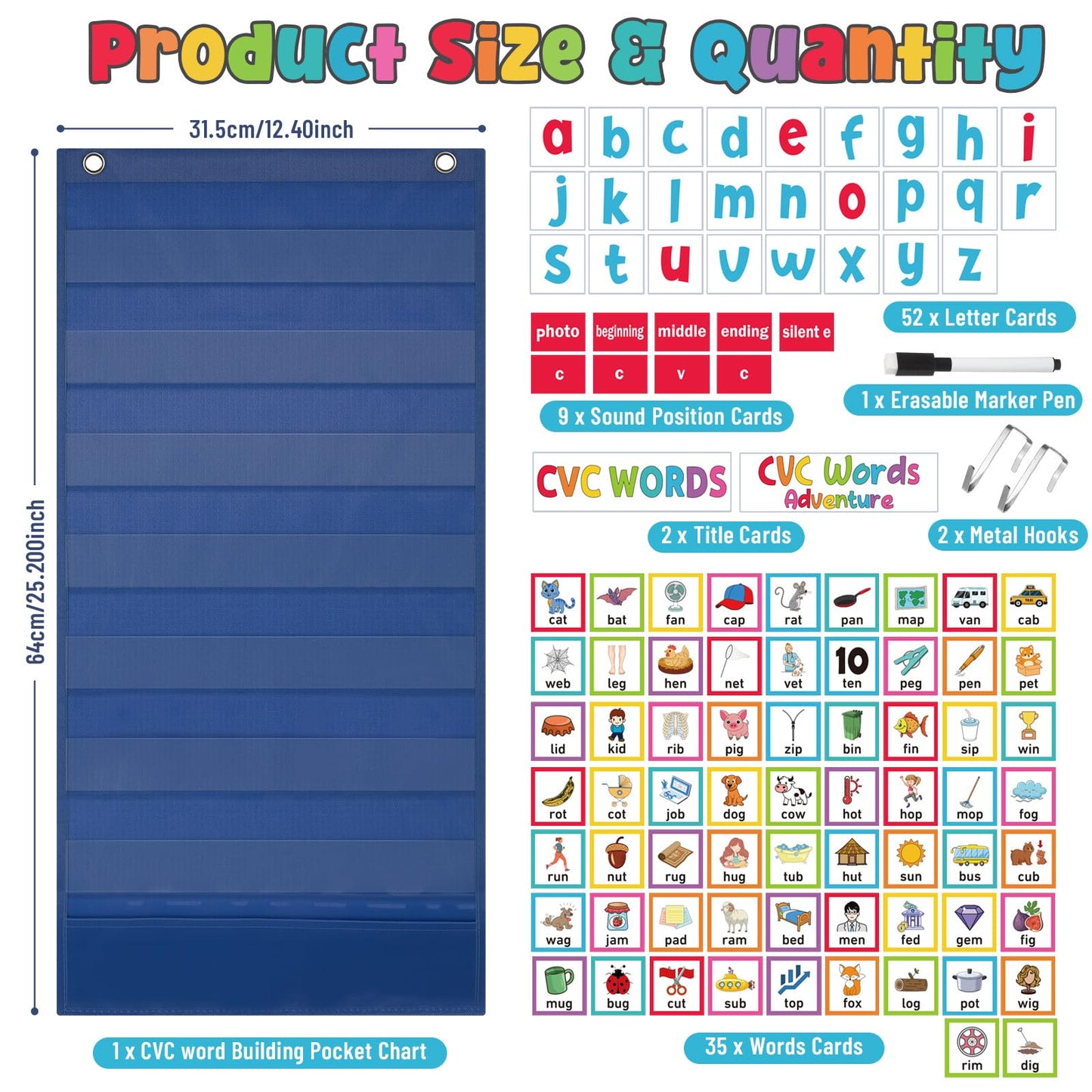 Pasimy CVC Word Pocket Chart with 65 Double-Sided Phonics Flash Cards Classroom CVC Word Literacy Games Preschool Kindergarten Classroom Must Haves for Learning Reading and Spelling(Blue)