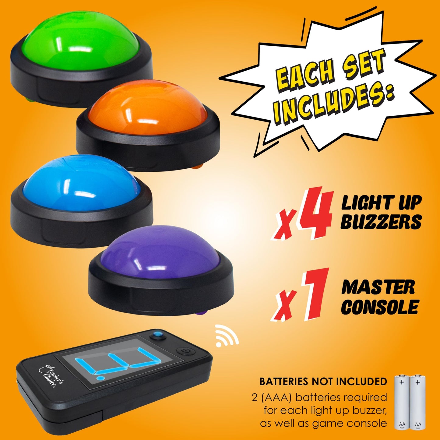 Teacher's Choice Wireless Light Up 4 Player Game Buzzer Button System | Displays the Winning Player | Loud, Unique Sounds, Great for Trivia Games, Family Feud, Jeopardy, Competition, Spelling Bees