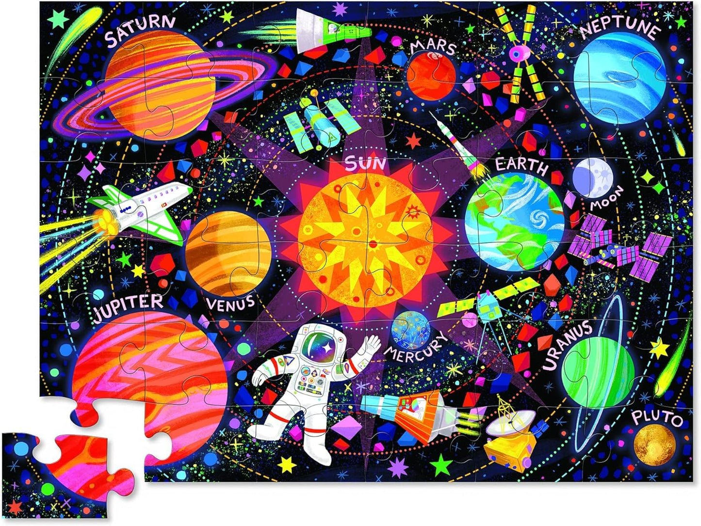 Crocodile Creek 36-Piece Jigsaw Floor Puzzle - Fun Floor Puzzles for Kids Ages 3-5 - Heavy-Duty Shaped Box for Storage - Space Explorer - 24" W x 18" H Finished