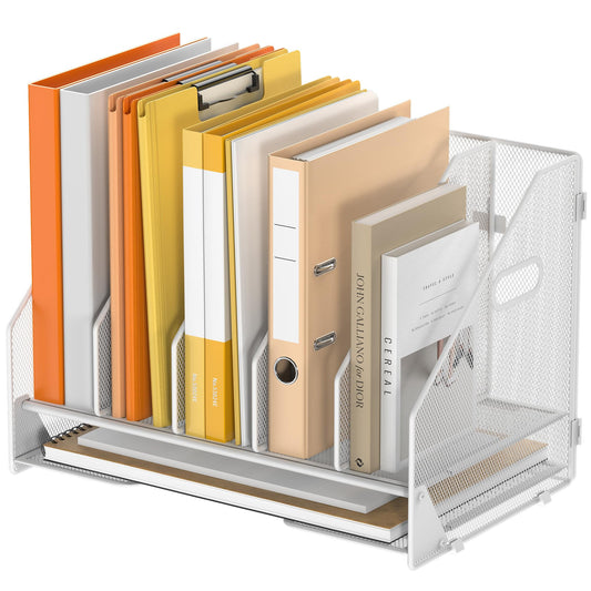 OrgMate Desk File Folder Holder Organizer-5 Vertical Compartments Racks and Paper Letter Tray,Mesh Magazine File Holder Sorter,Desktop Accessories & Workspace Organizers for Home,Office,School-White