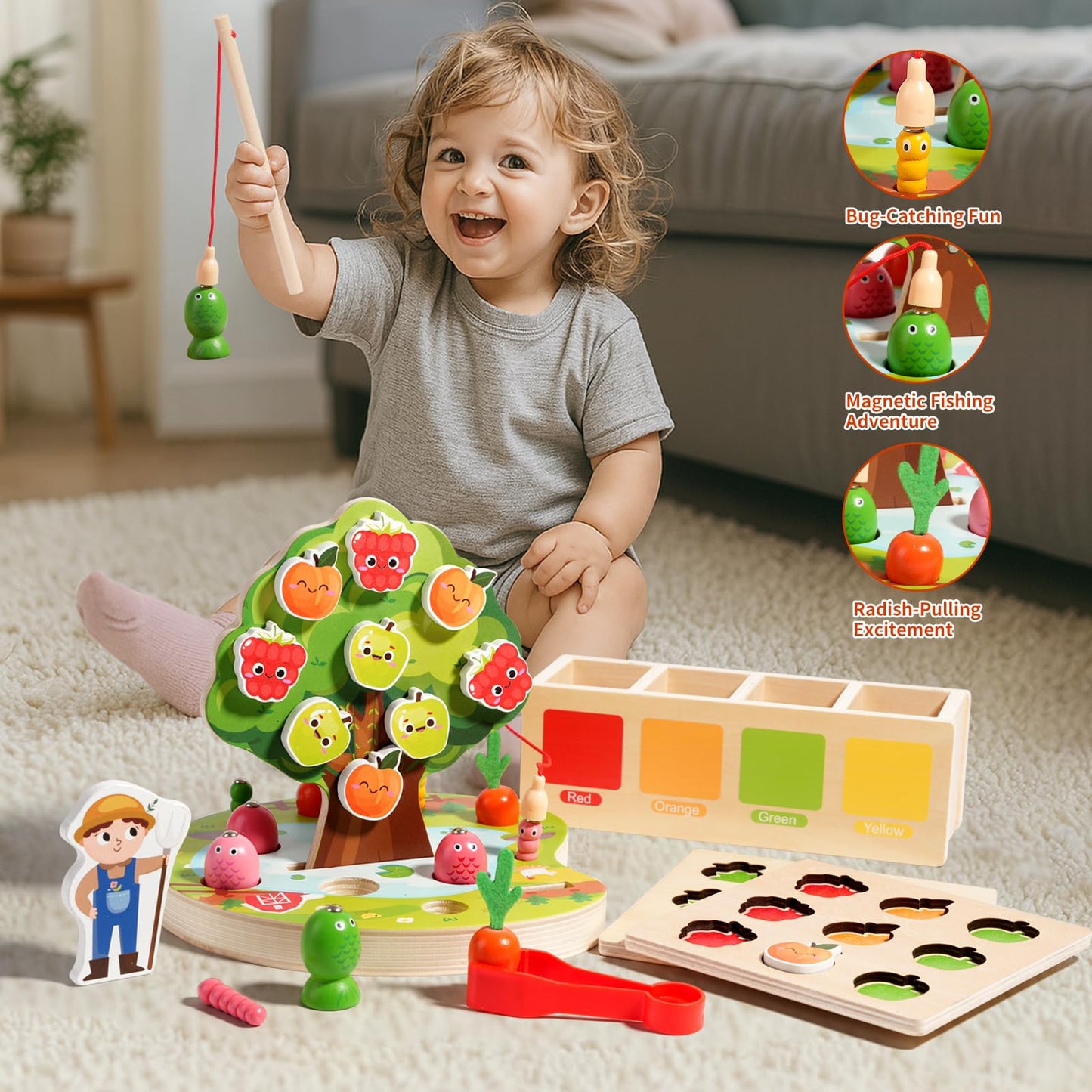 INIFEIDALA Montessori Toys for 3 4 5 Year Olds | Birthday Gifts for Boys & Girls, Wooden Educational Toddler Toys, Shape Sorting, Carrot Harvest & Magnetic Fishing Game – Fine Motor Skills Development
