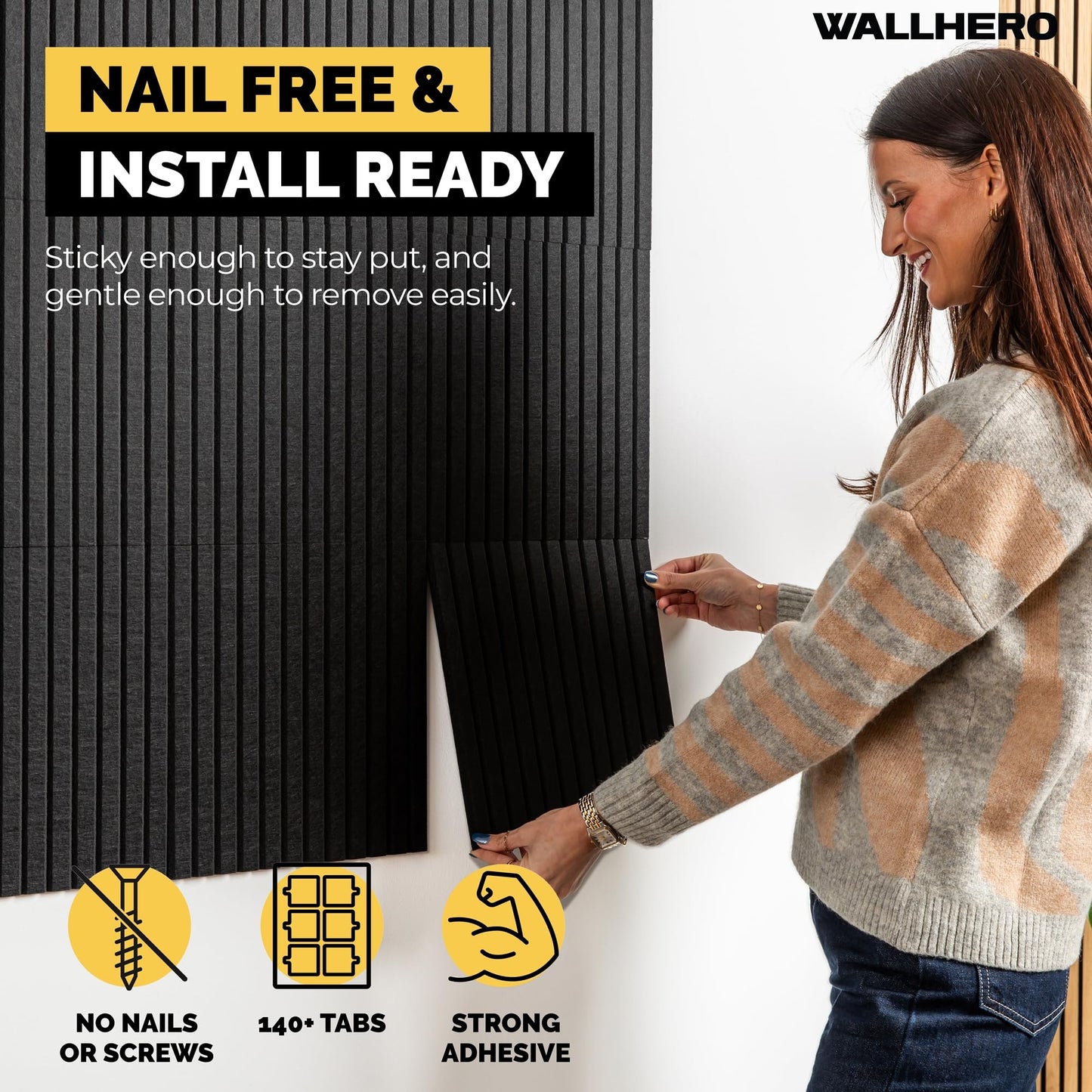 WALLHERO Large Bulletin Board, Tack Board, 59"x36" | 15 Pack | Wall Pin Board, Cork Board Alternative for Walls, Tablero de Corcho para Pared, Cord Board for Wall (Black Slats)