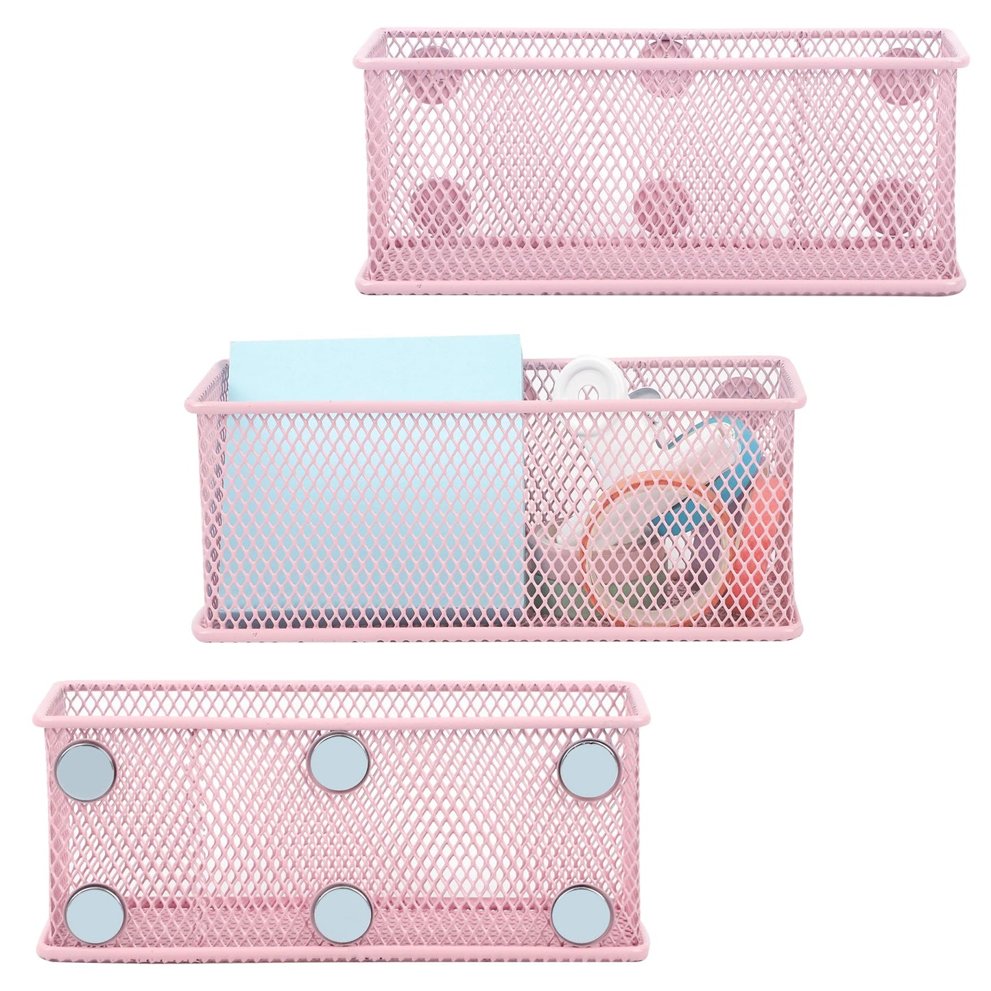 EASEPRES Magnetic Pencil Holder Set of 3 - Wire Mesh Storage Baskets Organizer with Strong Magnets - Perfect for Whiteboard, Refrigerator and Locker Accessories, Pink