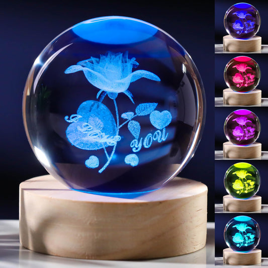 3D Rose Gifts for Women - Crystals Ball 60mm - Rose Figurines Decor Glass I Love You Gifts for Room, Birthday, Lovers, Girlfriend, Wife