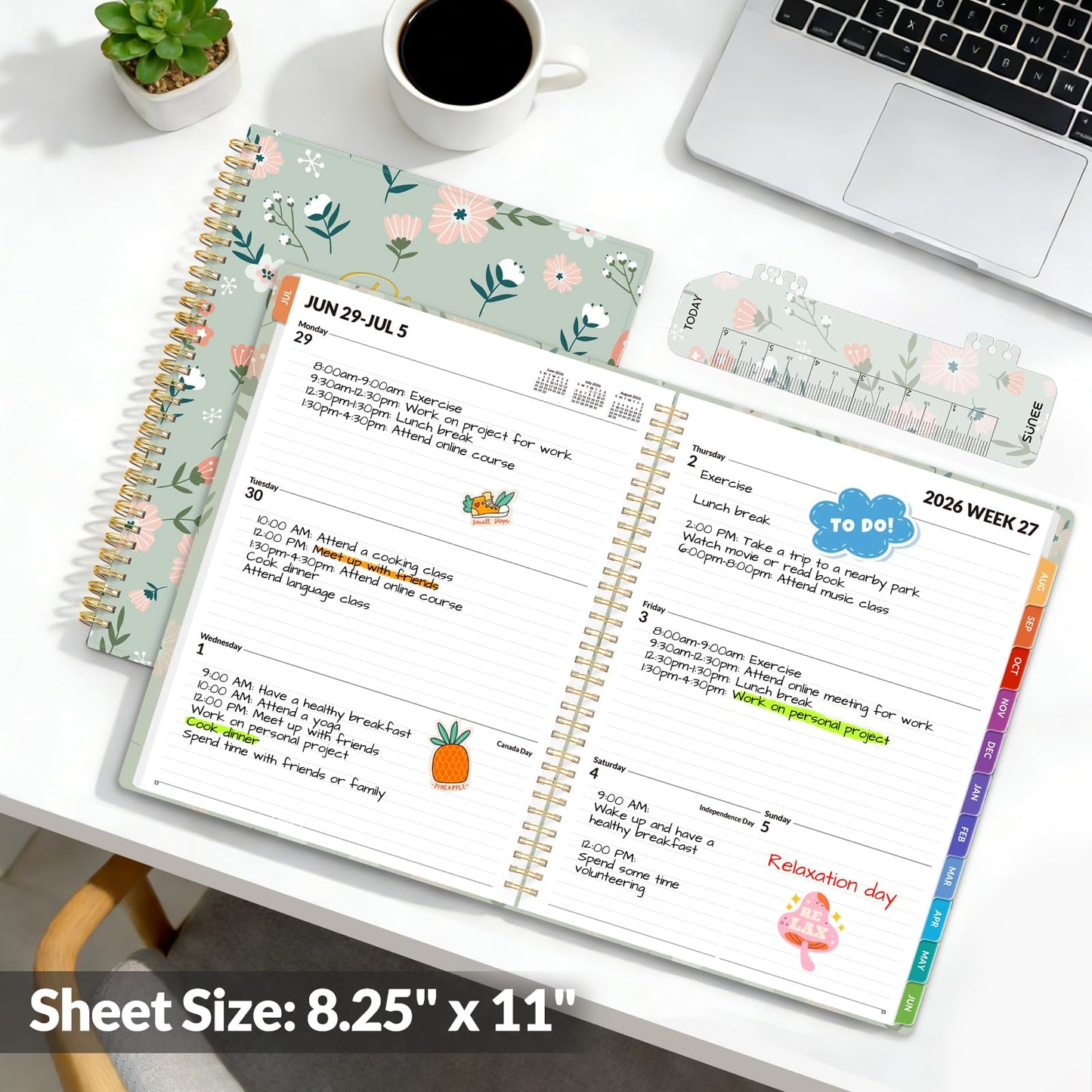 SUNEE Academic Planner 2026-2027 – Weekly & Monthly Planner, July 2026 to June 2027, 8.5"x11", Thick Paper, Tabs, Pockets, Bookmark, Spiral-Bound, Student Teacher Organizer, Green Wildflowers
