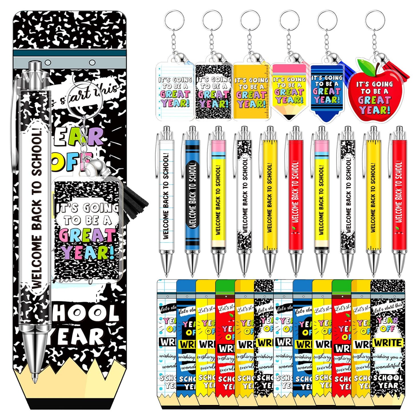 Tenceur 30 Set Bulk Back to School Gifts for Students Ballpoint Pens Keychains and Cards Set First Day of School Gifts Supplies for Teacher Classroom Rewards Party Favors