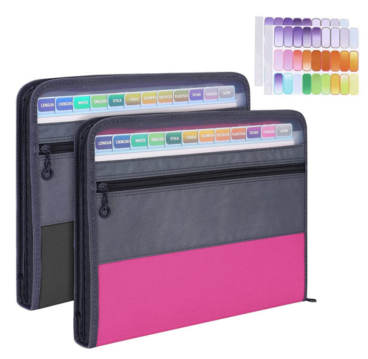 MEGREZ Expanding File Folder with 13 Pockets, 2 Pack A4 Paper File Folder with Zipper Color Labels, Waterproof Accordion File Folder Organizer for Home Office, Pink & Black