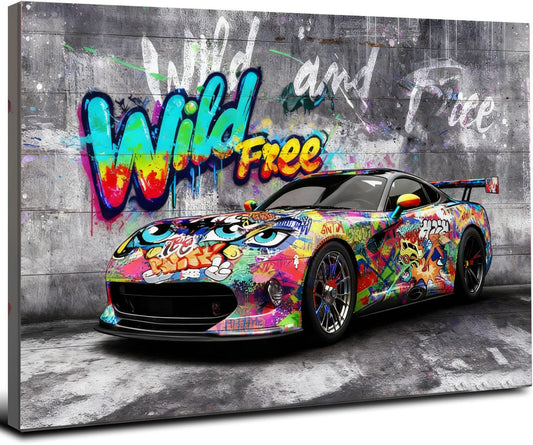 16x24 Modern Graffiti Sports Racing Car Canvas Wall Art Framed Urban Street Galley Oil Painting Gray Picture Teen Boys Pop Funny Home Decor Kids Bedroom Posters Men Office Living Room Cool Prints