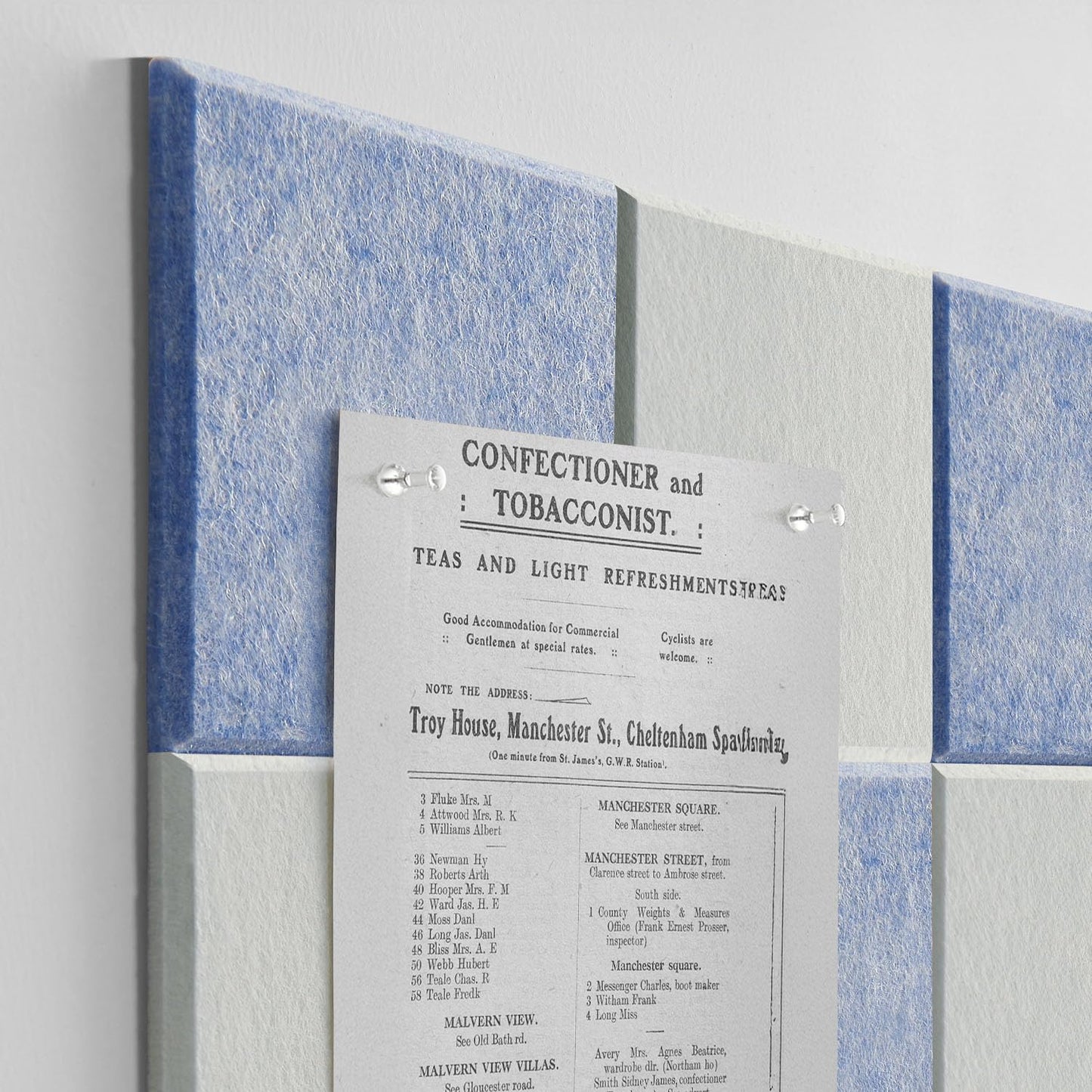 TSJOFFICE Large Cork Board for Wall - 48" x 24" Bulletin Board with 30 Pushpins for Office Decor, Pin Board 8 Pack Felt Tiles with Safe Removable Adhesive Tabs, Corkboard for Home - Light Blue & White
