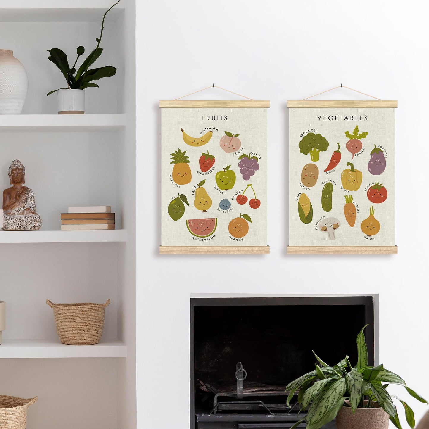 BCUANGD Fruits Vegetables Wall Decor - Toddlers Kids Preschool Poster Hanger with Wood Frames Set of 2, Educational Learning Wall Hanging Canvas Decor for Kids Room Nursery Home, 12x16 Inches