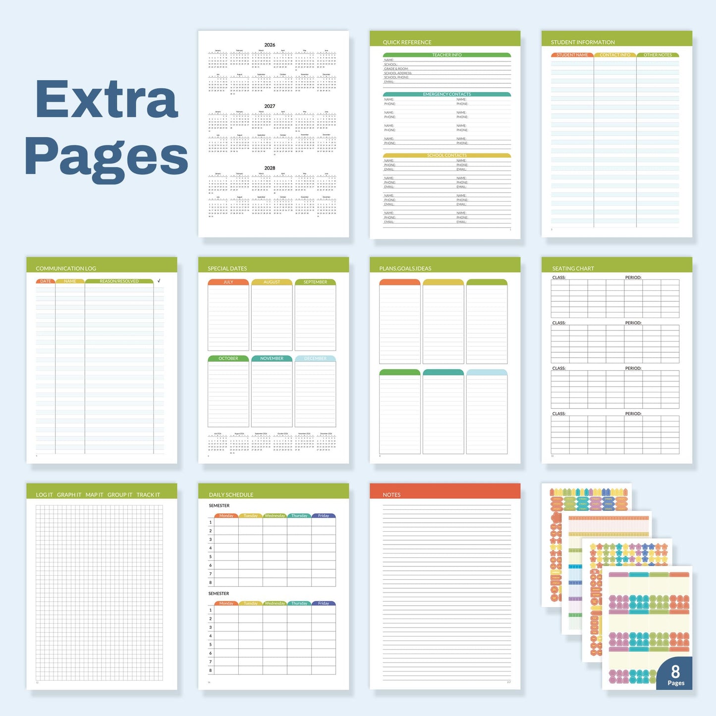 SUNEE Deluxe Teacher Planner 2026-2027, Lesson Planner Book with 7 Periods Jul 2026 - Jun 2027, 8.5" x 11" Daily Weekly and Monthly Organizers with Colorful Tabs, Planning Stickers,120gms Paper, Blue