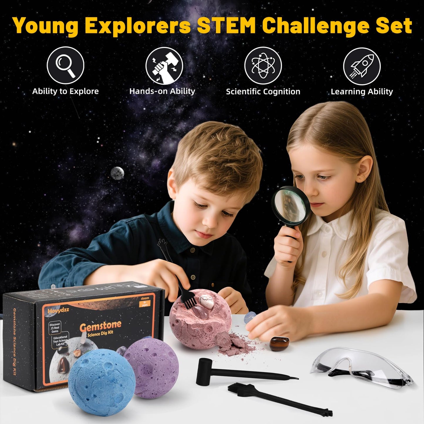 Hovydzz Gemstones Dig Kit, Science Kit for Kids, Dig up 15 Real Gems & Explore Solar System, STEM Educational Mining Space Toys, Archaeology Geology Science Experiments Gift for Boys&Girls Age 6-8-12