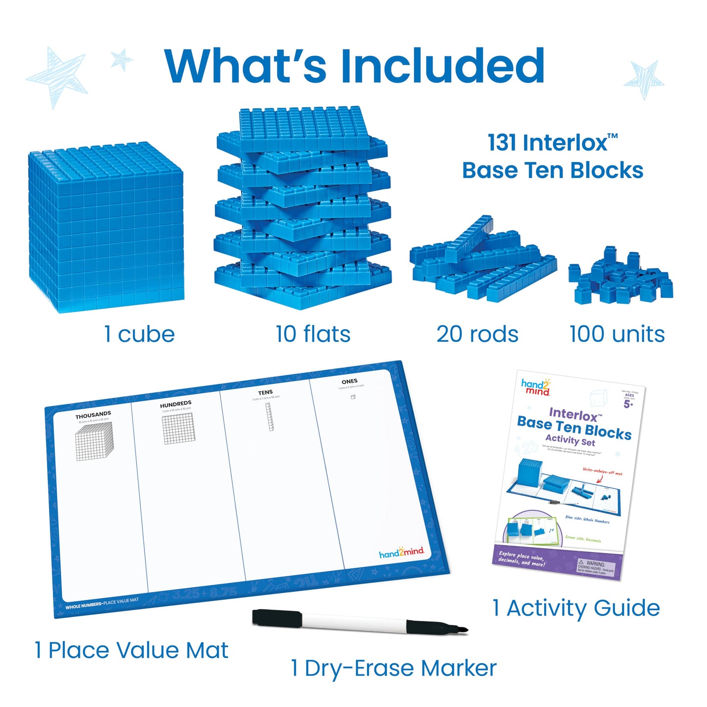 hand2mind Interlox Base Ten Blocks Activity Set, Place Value Manipulatives, Base 10 Blocks for Math, Counting Cubes, Math Manipulatives 1st Grade, Small Group Classroom Must Haves (133 Pieces)