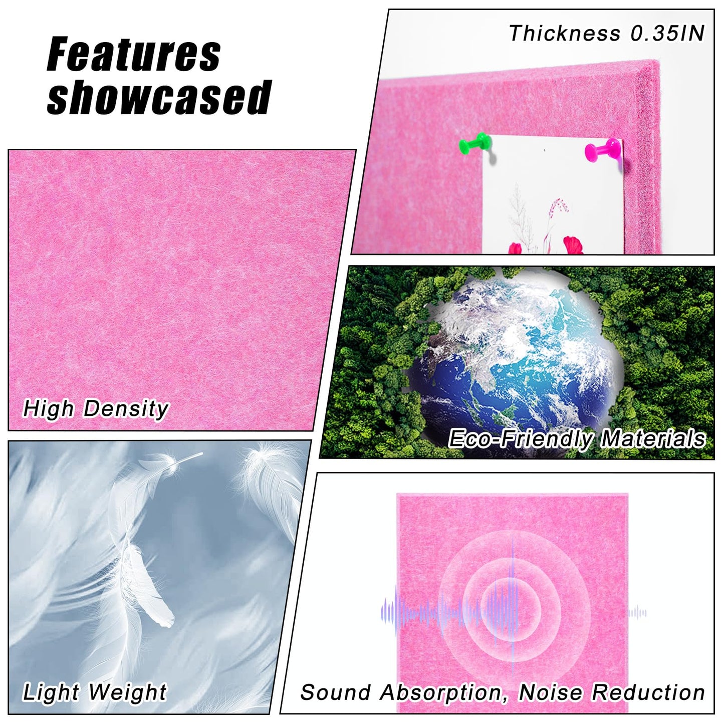 Large Cork Board 36" x 24", 6 Pack Felt Bulletin Board with 30 Pushpins, Cork Boards Alternative with Self-Adhesive Strips, Felt Wall Tiles Pin Boards for Walls Office Home School Decor-Hot Pink