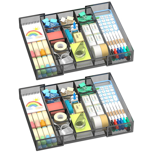 ReePlan 2 Pack Expandable Desk Drawer Organizer Tray with 10 Adjustable Compartments Metal Mesh Office Drawer Organizer for Home, School Supplies, Makeup Vanity & Jewelry (Black)