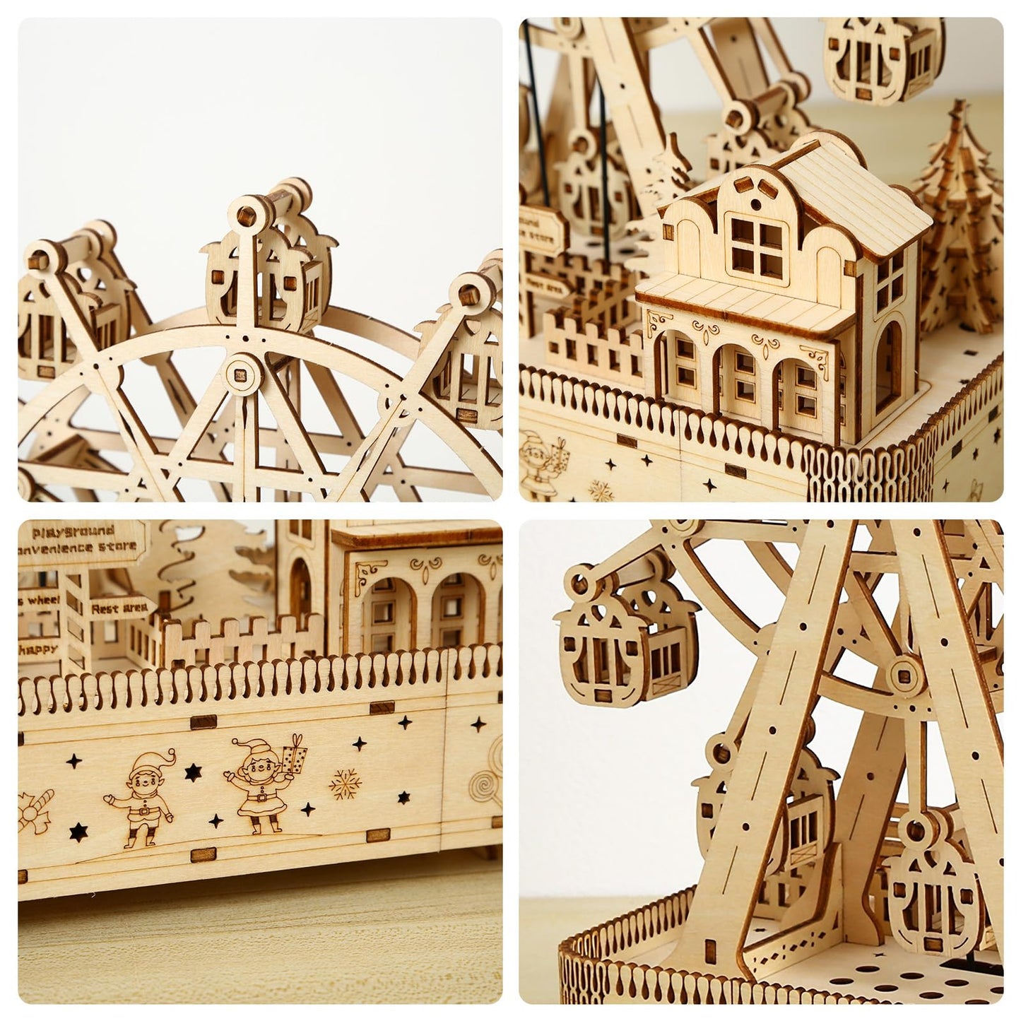 Foyucool Wooden 3D Puzzle for Adults - DIY Ferris Wheel Model Kit with Music Box & LED Lights, Mechanical Assembly Building Set, Creative Craft Gift for Friends and Family, Age 14+