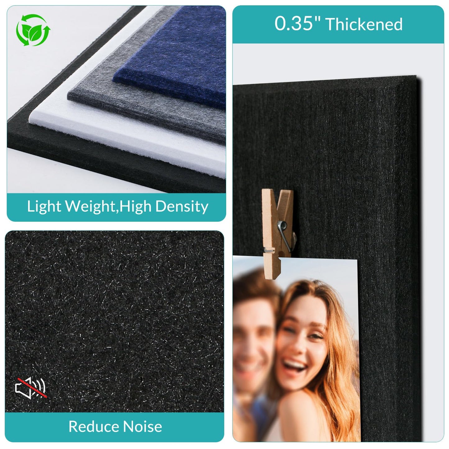 Bounmer Large Cork Bulletin Board - 48" x 36" Cork Board for Walls - 12 Pack Felt Tiles, 60 Removable Safe Adhesive Tabs & 30 Pushpins - for Office, School, Home Decor (Black)