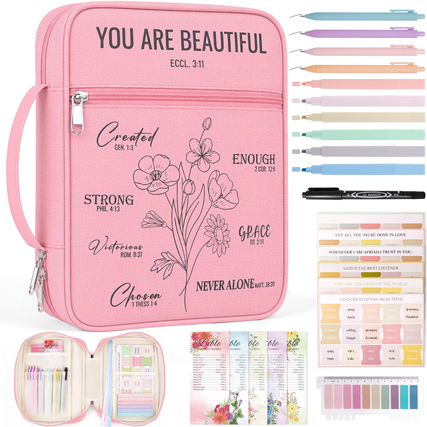 XKDOUS 24 Pcs Bible Cover Kit for Women Pink Canvas Bible Bag w/Handle, Pockets, Study Supplies Bible Journaling Kit Portable Book Carrying Case Christian Gifts for Mom Lady