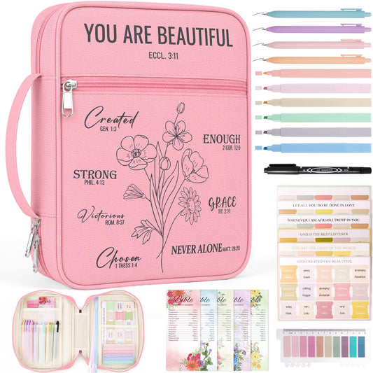 XKDOUS 24 Pcs Bible Cover Kit for Women Pink Canvas Bible Bag w/Handle, Pockets, Study Supplies Bible Journaling Kit Portable Book Carrying Case Christian Gifts for Mom Lady