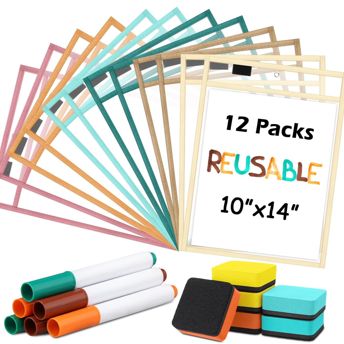 Watersay 24 Pcs Dry Erase Pocket Reusable Sleeves 10" x 14" Clear Plastic Sheet Protectors with Markers and Mini Dry Erasers for Paper(Boho)