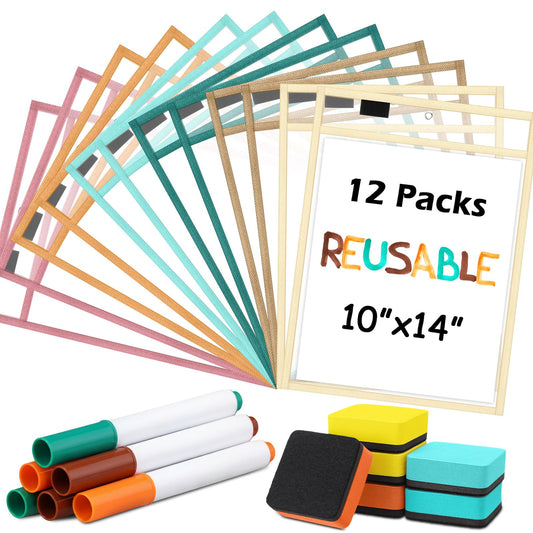 Watersay 24 Pcs Dry Erase Pocket Reusable Sleeves 10" x 14" Clear Plastic Sheet Protectors with Markers and Mini Dry Erasers for Paper(Boho)