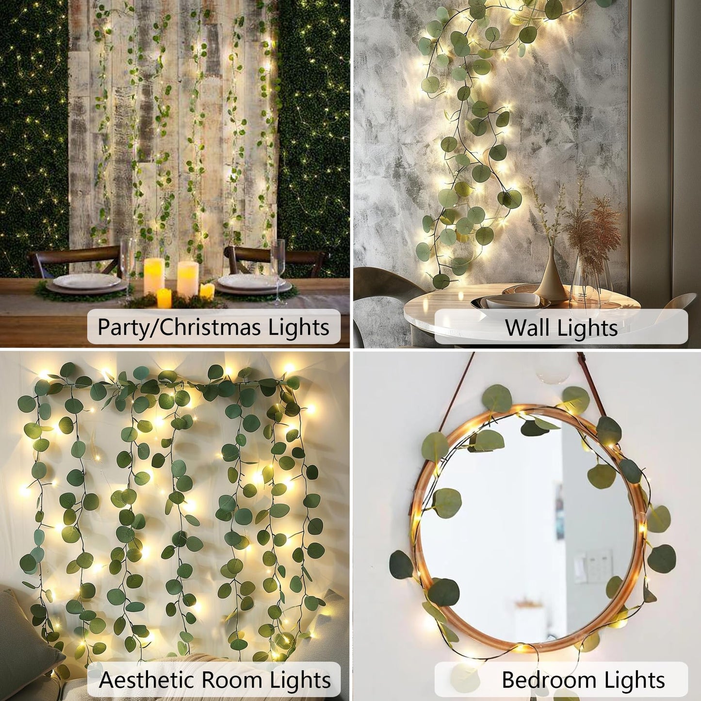 MVOVM 2 Pack Eucalyptus Garland with 20 LED Fairy Lights, Green, 6.6ft, Plastic, Indoor/Outdoor Decor for Bedroom, Party, Wedding
