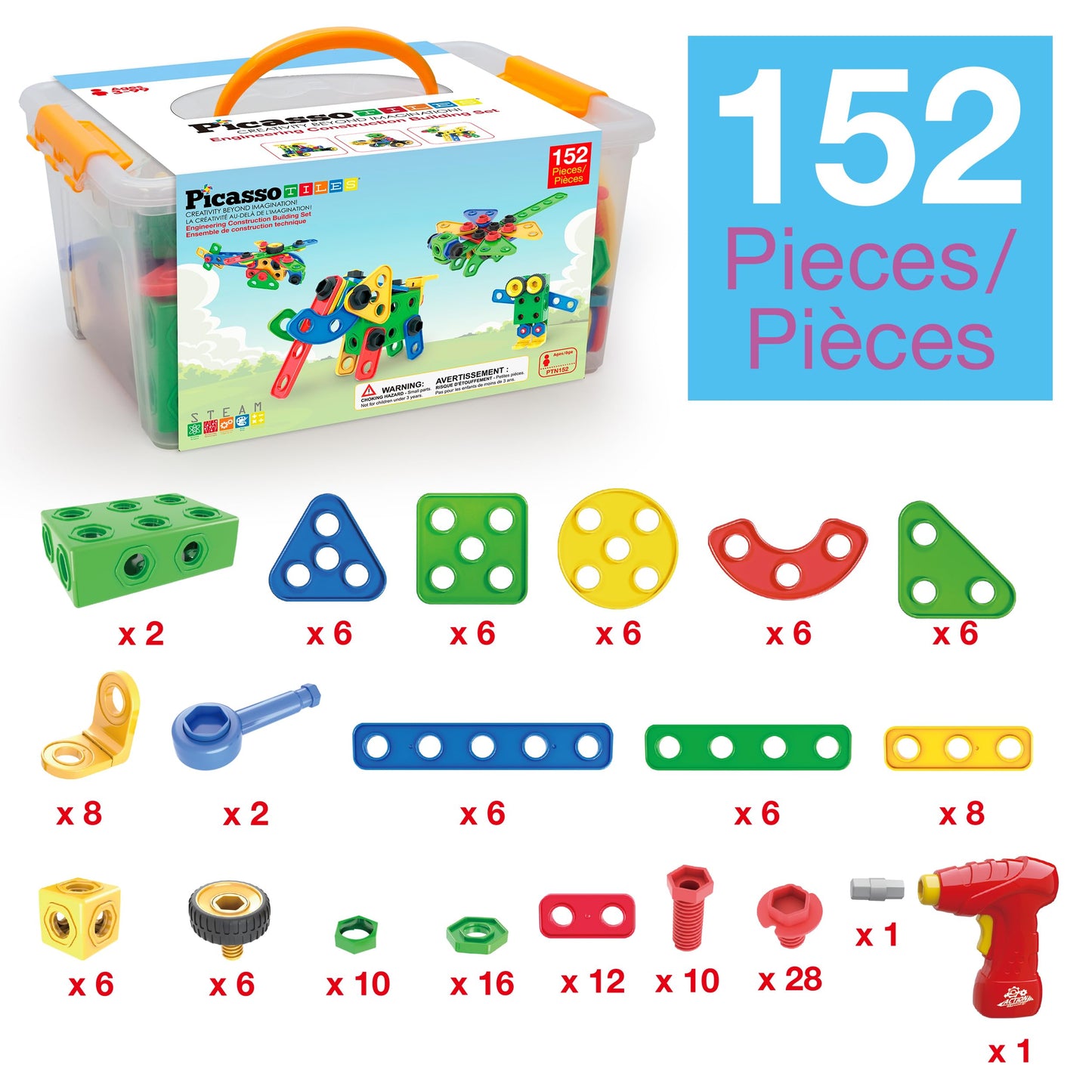 PicassoTiles 152pc STEM Construction Toy Building Set for Kids Ages 3+ Includes Power Drill, Ratchet, Idea Book, Storage Box Educational Engineering Science Kit & Sensory Toys for Boys & Girls PTN152