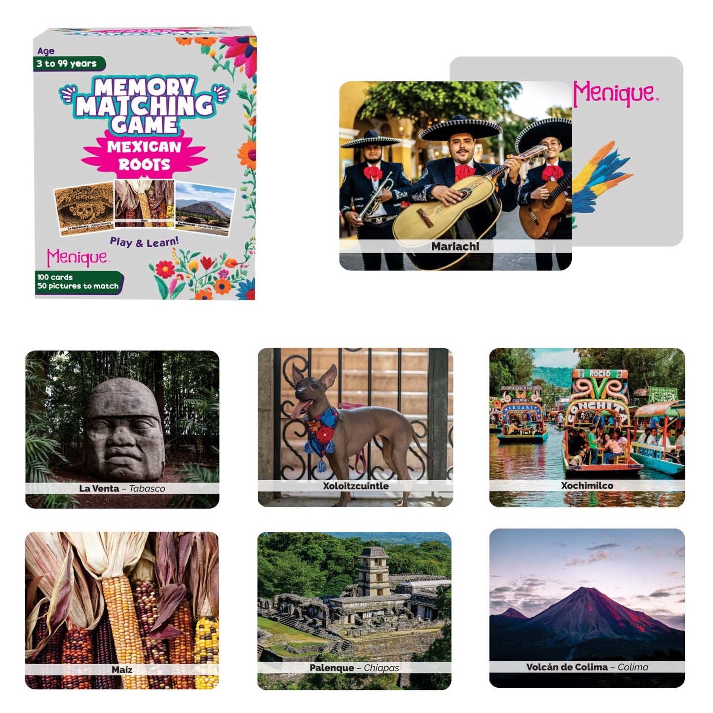 Menique – Mexican Roots Memory Game – Bilingual – 100 Cards (50 Pairs) with Real Photographs – Includes Booklets in English & Spanish – Cultural Matching Game for Kids & Adults