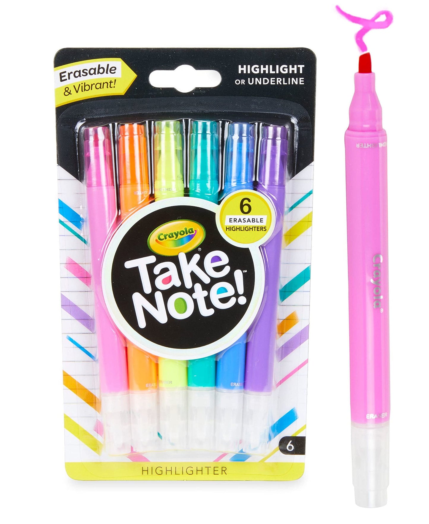 Crayola Take Note Erasable Highlighters (6ct), Teacher Essentials, Cute Aesthetic School Supplies, No Bleed Highlighters, Chisel Tip Marker Set