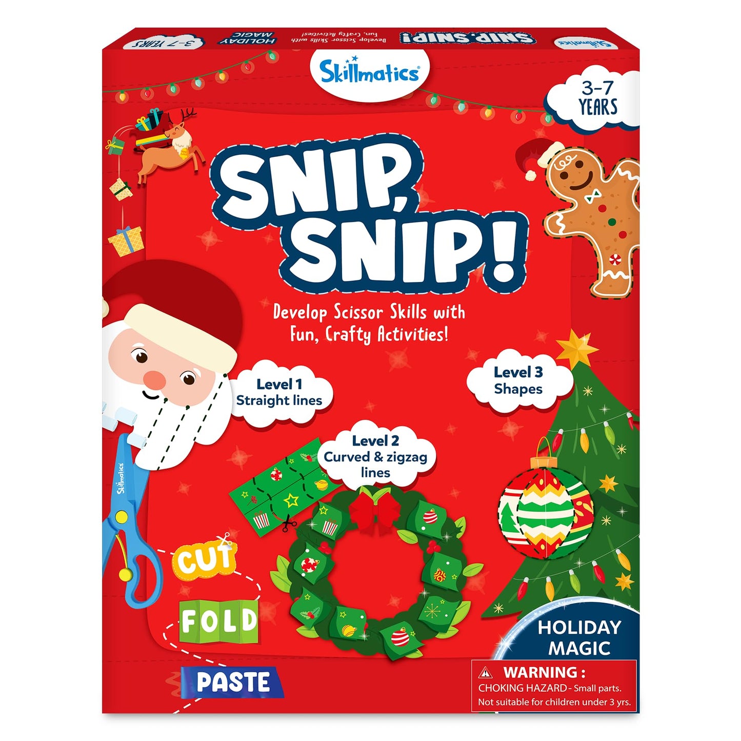 Skillmatics Scissor Skills Activity Book - Snip Snip Christmas, 25 Fun Cutting & Creative Activities for Preschoolers, 2 Child-Safe Scissors, Felt Craft Kit, Gifts for Kids Ages 3, 4, 5, 6, 7