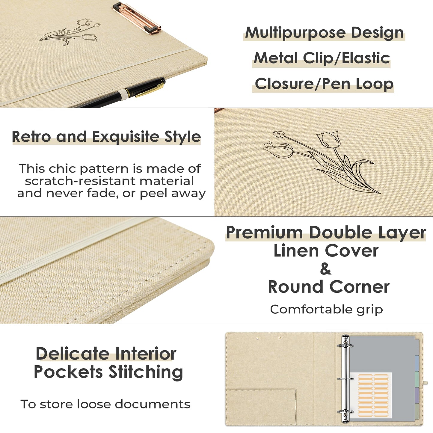 EYROZILL 3 Ring Binder 2 Inch, Binder for Letter Size (11" x 8.5") with 5 Tab Dividers, File Folder Labels and Low Profile Clipboards, Tulip White