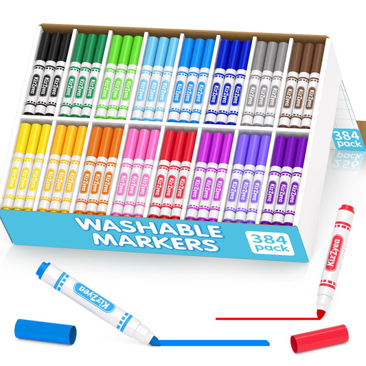 KIZZYEA Washable Markers Bulk for Kids, 384 Count, 16 Assorted Colors, Broad Line Coloring Markers for School, Classroom Supplies for Teachers, Student Art Group Activities, Back to School Crafts