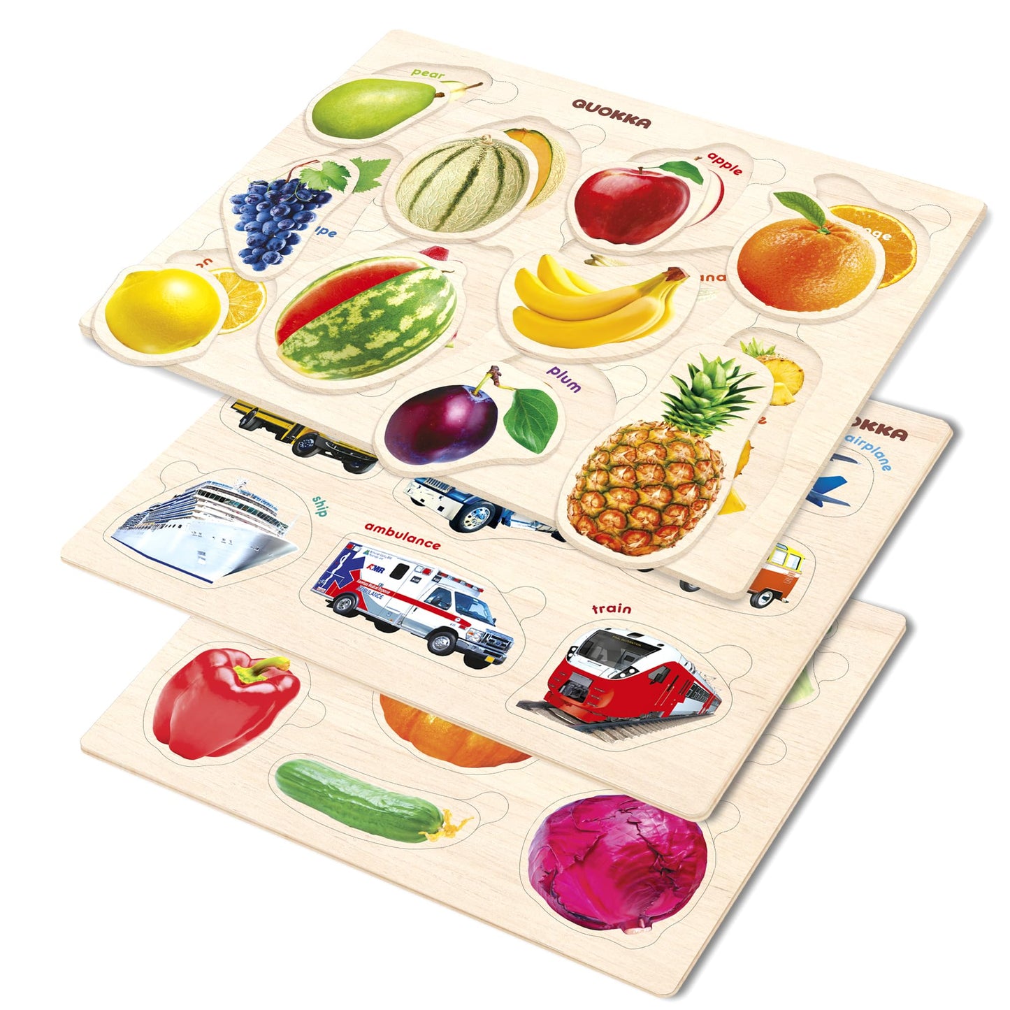 QUOKKA Wooden Puzzles for Toddlers 1-3 – 3xSET Kids Puzzles Ages 2-4 – Montessori Toy Puzzle for Toddlers 3-5 – Wood Toy Learning Realistic Fruits - Cars - Vegetables for Boy and Girl
