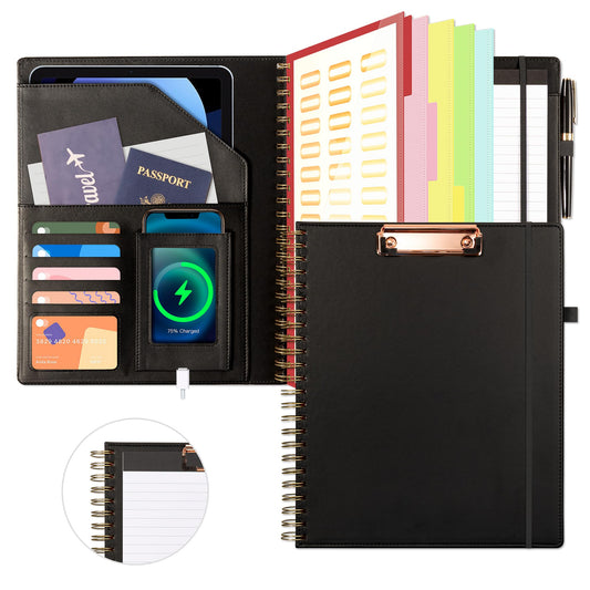 Ospelelf Clipboard with Storage for Men Women, Leather Padfolio Portfolio Organizer 5 Folders with 10 Pockets, Spiral Clipboard Folio with Notepad for Letter Size, Elastic Closure and Pen Loop Black
