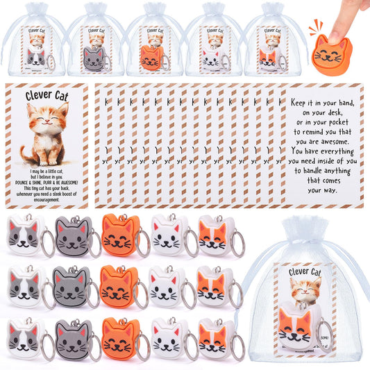 Junkin 25 Set Cat 3D Printed Clicker Fidget with Cards Funny Stress Relief Key Rings Gift Luggage Backpack Charm Gifts for Cat Lover Baby Shower Cats Themed Party Decorations