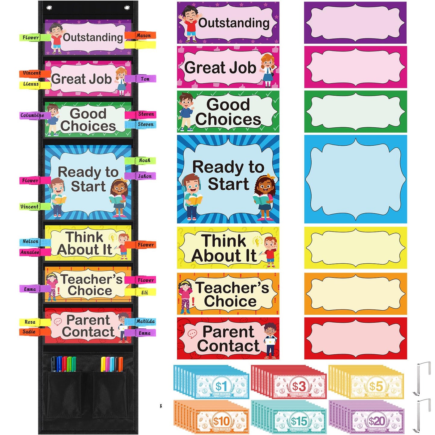 Pasimy 59 Pcs Student Behavior Clip Chart for Classroom Management Kids Track Reward Incentive Behavior Pocket Chart Boho Bulletin Board Teacher Supplies for School Office(Bright)