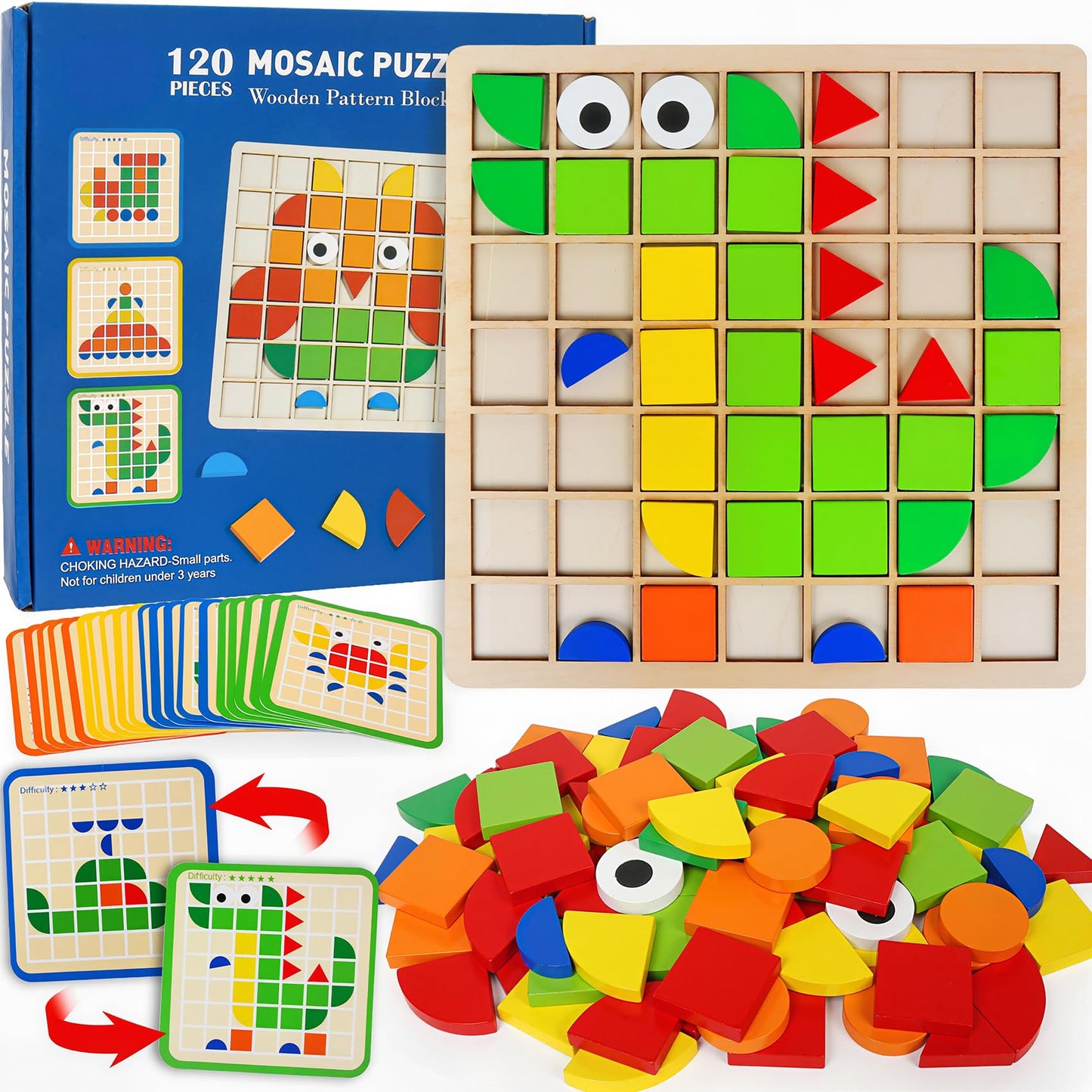 Wooden Stacking Puzzle Toy,120 Pcs Colorful Pattern Blocks Set Geometric Shape Puzzles for Kids Ages 3+, Montessori Preschool Educational STEM Puzzle Toys for Classroom Learning Kindergarten