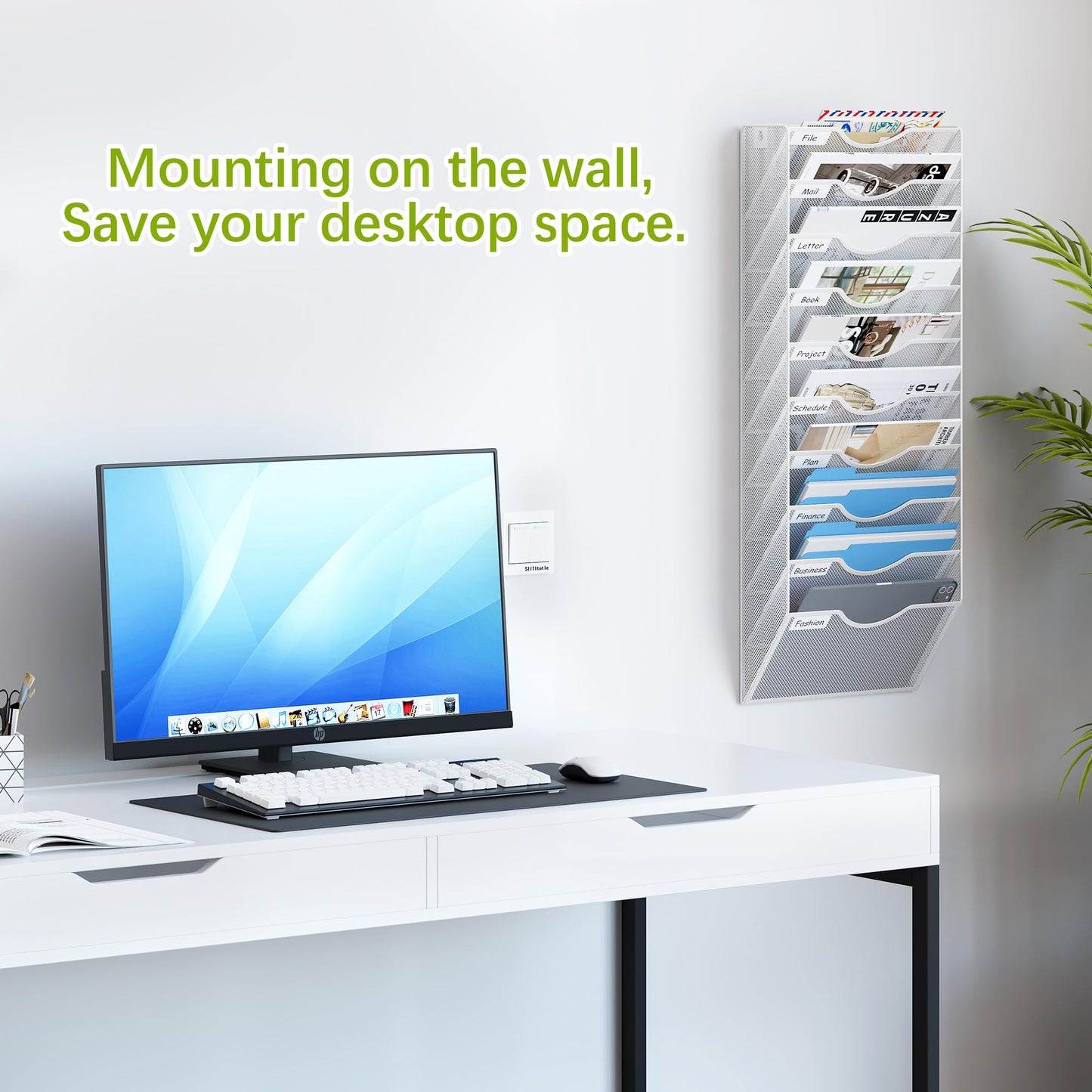 EasyPAG 10 Pocket Mesh Wall File Organizer, Hanging Paper Folder Holder with Classify Label, Vertical Wall Mount Mail Organizer for Office Home Classroom, White