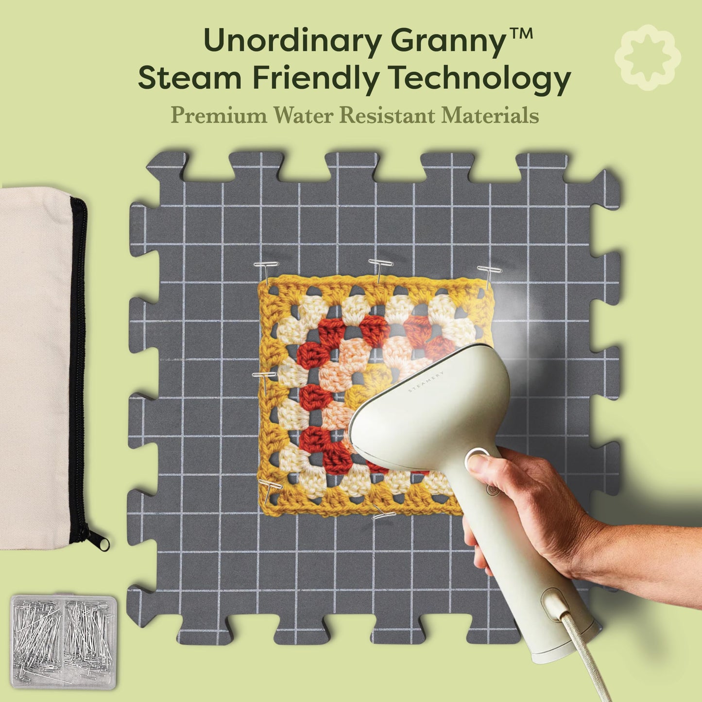 Unordinary Granny Crochet Blocking Board Set – 9 Extra Thick Interlocking Mats with Grid, 150 T-Pins, Felt Storage Bag and Cotton Pouch – Blocking Board for Knitting, Crochet & Other Craft Projects