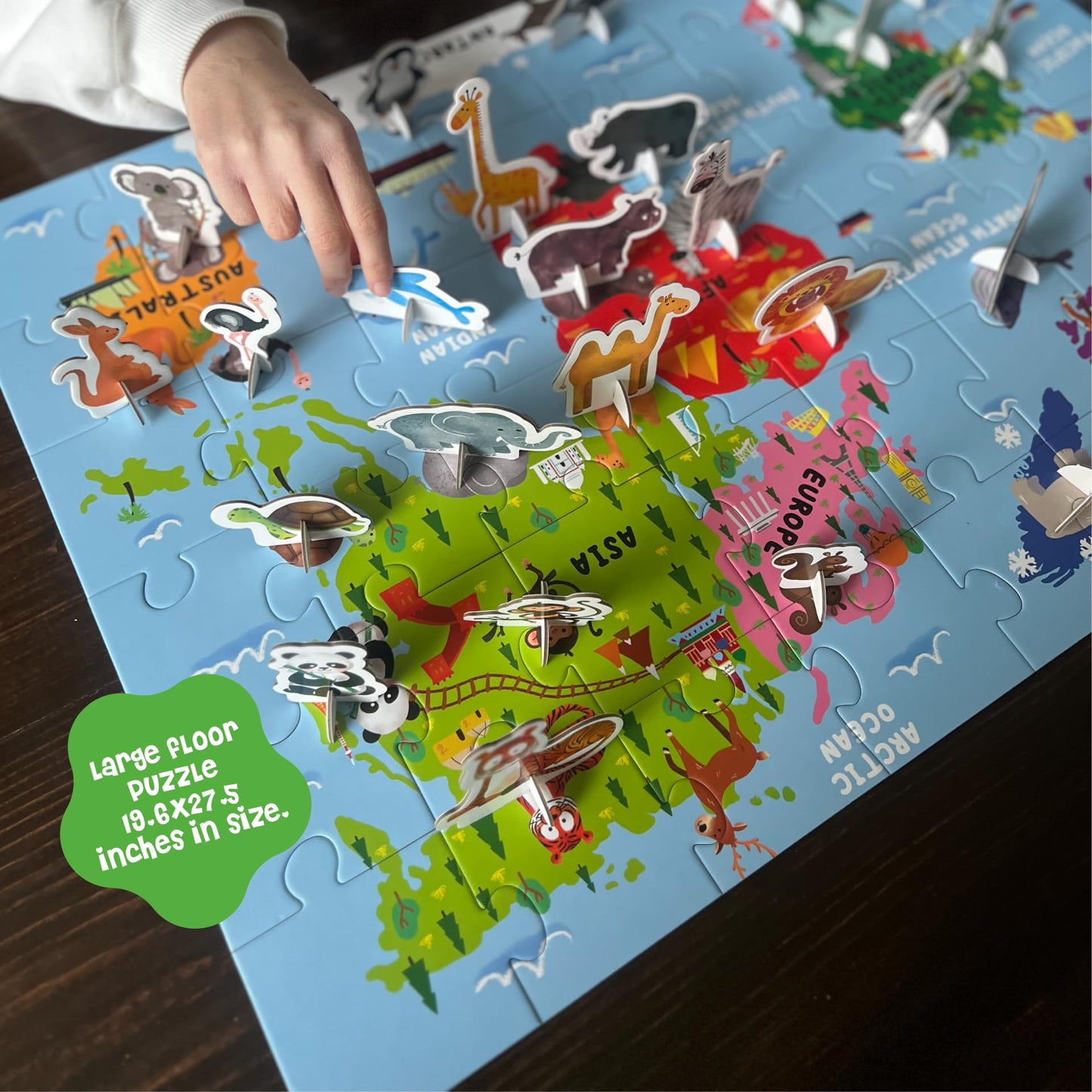 Dinomini Giant World Map Puzzle for Kids - with Interactive Standing Figures - Floor Puzzles for Kids Ages 3-5 - Preschool Learning Activities - Learning & Educational Toys
