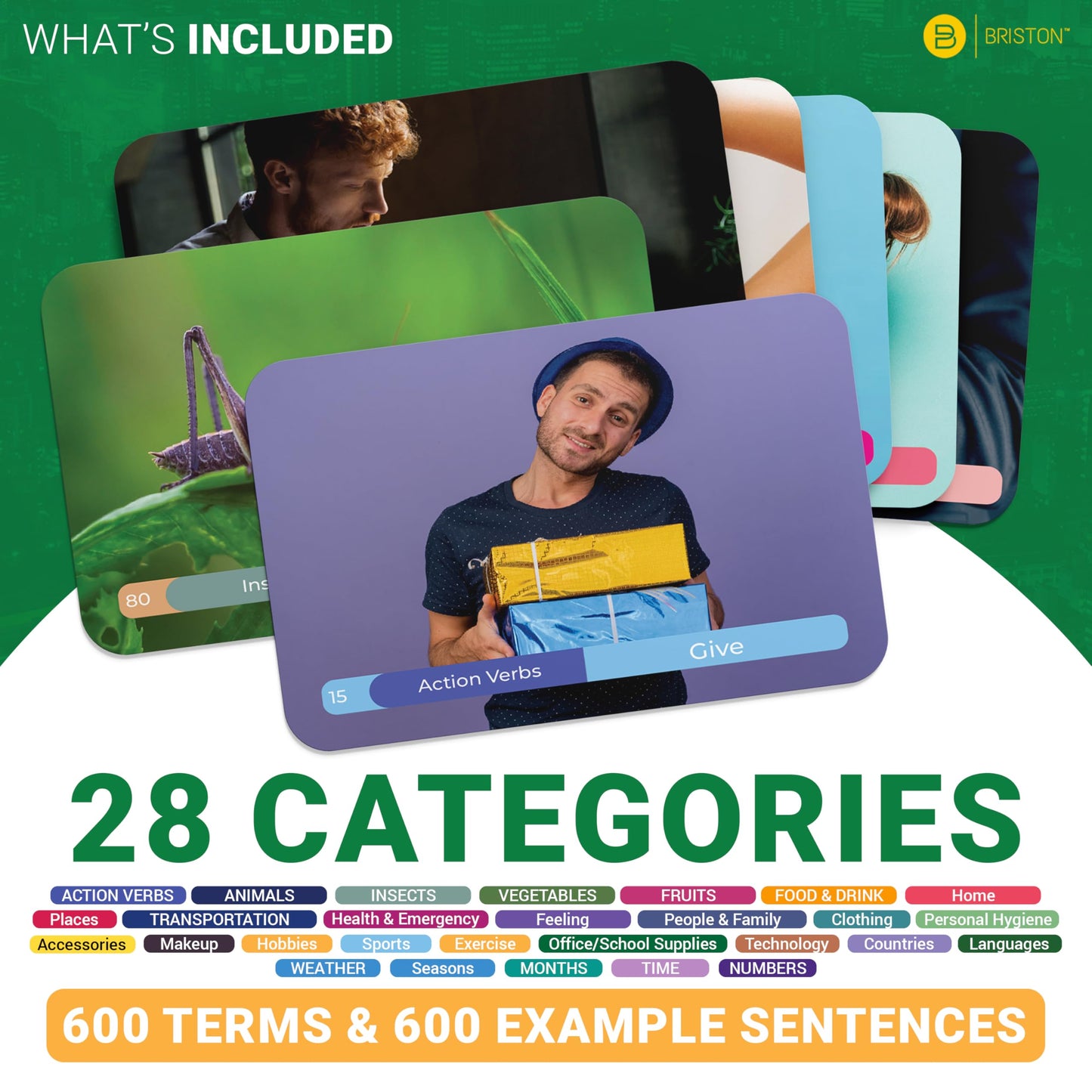 Briston Spanish Vocabulary Flash Cards – 600 English to Spanish Flashcards with Example Sentences & Pronunciations – Language Learning Cards for Kids & Adults, Classroom, Homeschool Study Set