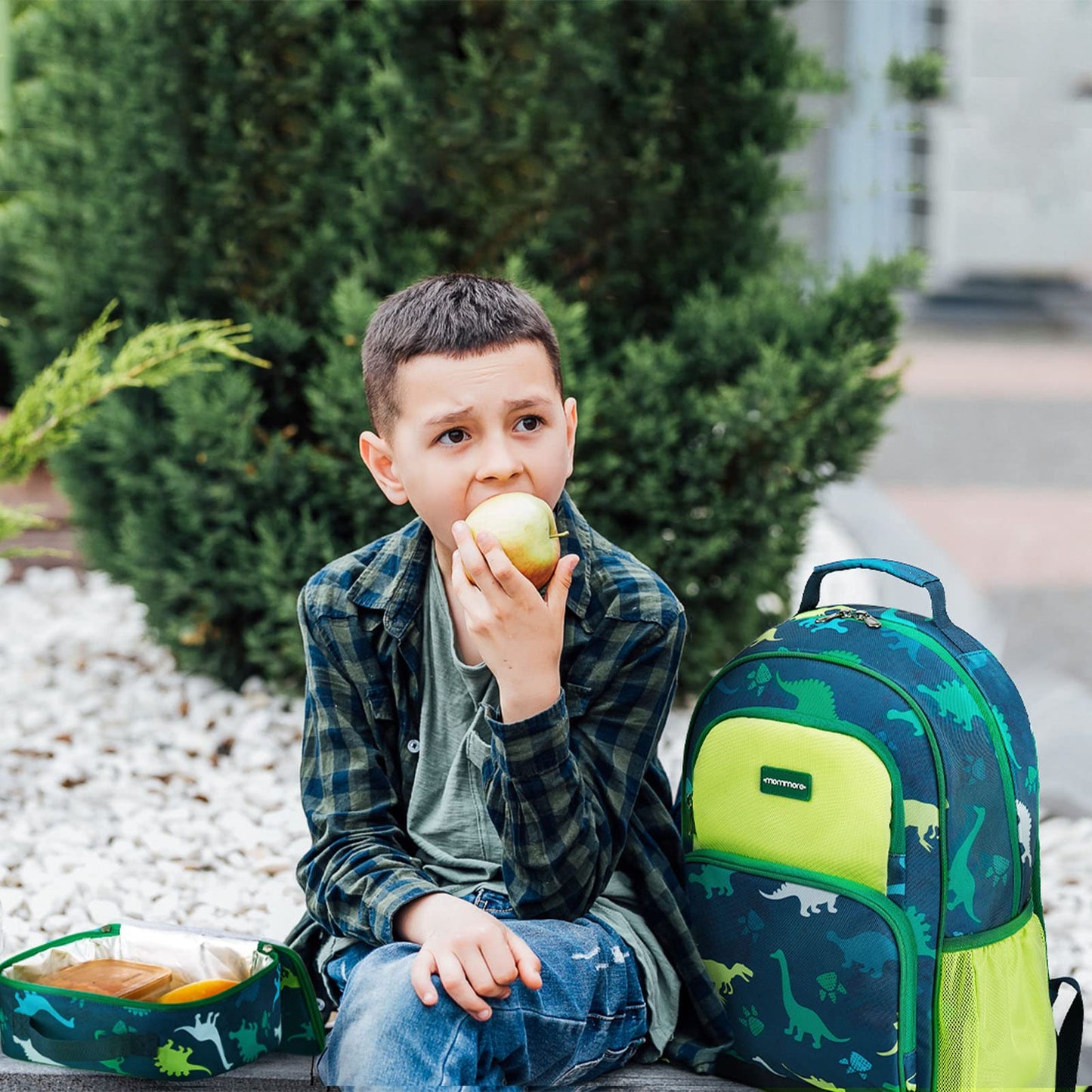 mommore Kids Backpack for Boys, Toddler Backpack for Preschool Kindergarten Elementary Lightweight Bookbag for Students with Lunch Box (3PCS, Dinosaur Green)