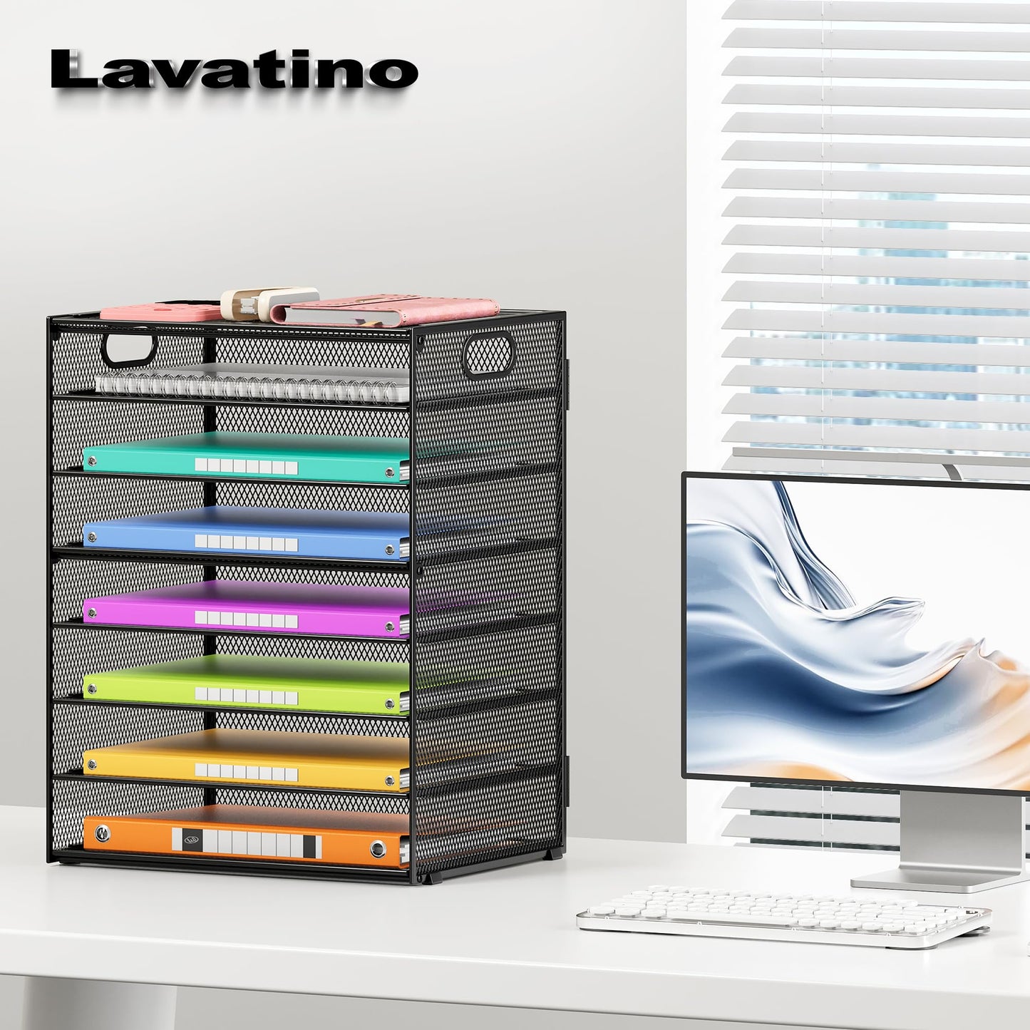 Lavatino 2 Pack 8-Tier Office Desk File Organizer, Letter Tray Paper Organizer with Handle, Including 5 Adjustable Slide Trays for Organizing Desktop Workspace Accessories and Supplies (Black Mesh)