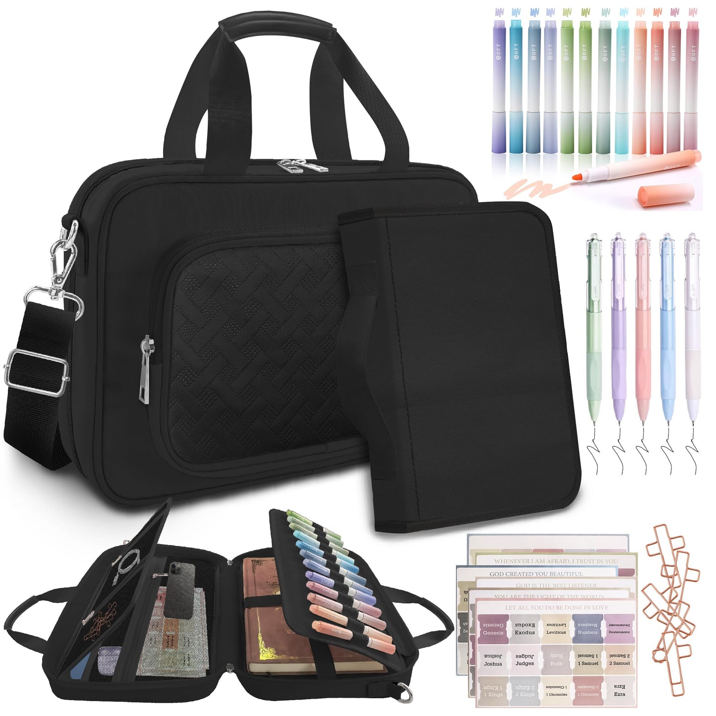 LAOTANGJIA Large Bible Cover Case for Mens Boys Women Organizer, Church Bag Book Carrying Case with Highlighters Shoulder Strap Pens Cross Clip Study Supplies Journaling Kit, Christian Gifts Black